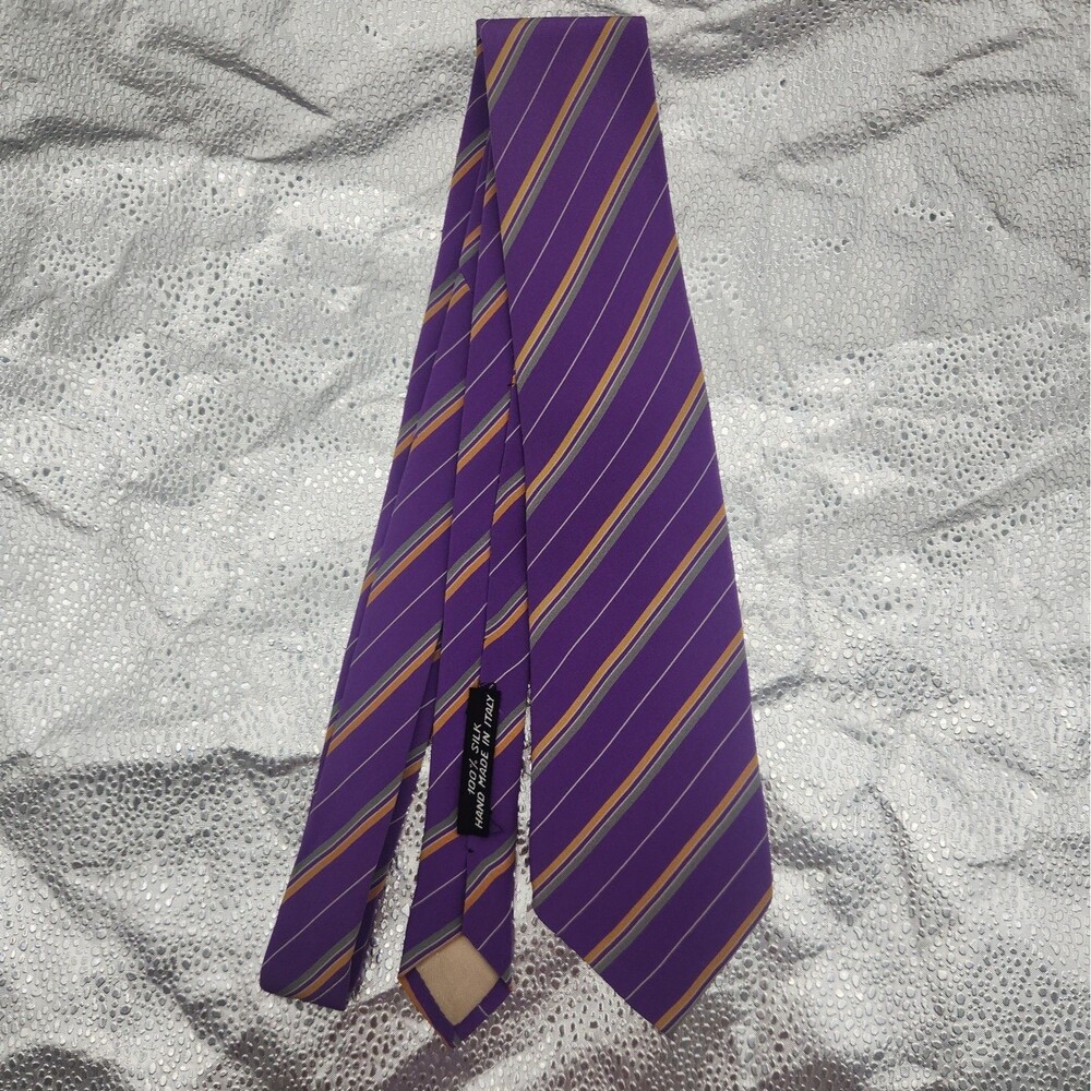 Tie Lanvin Purple White Gold Gray Diagonal Striped Necktie Hand Made Italy